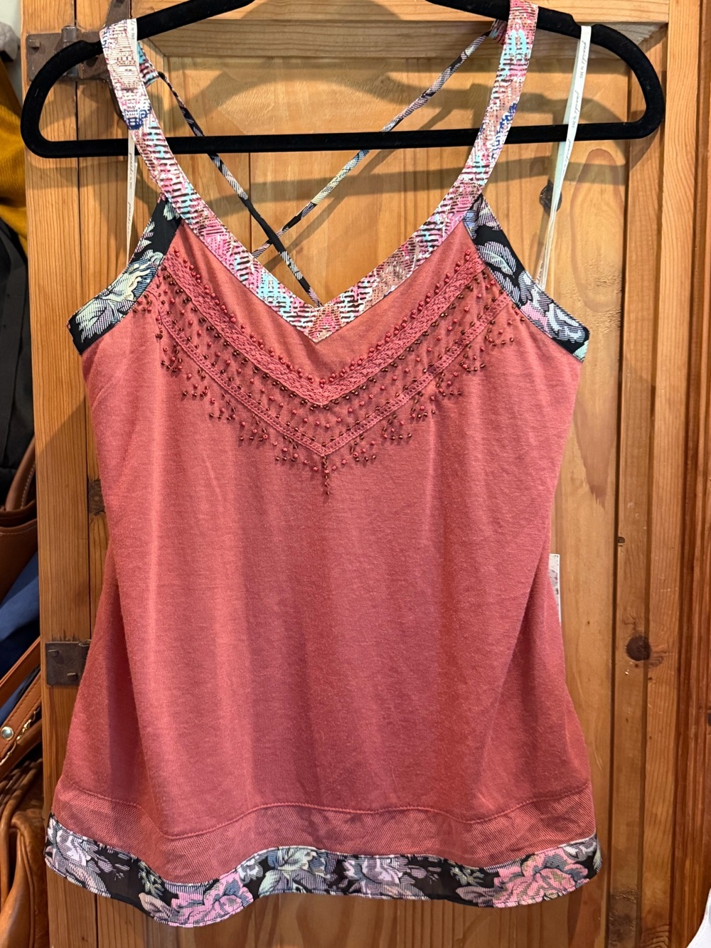 gimmicks by BKE Rose-Pink Embroidered V-Neck Tank with Floral Trim